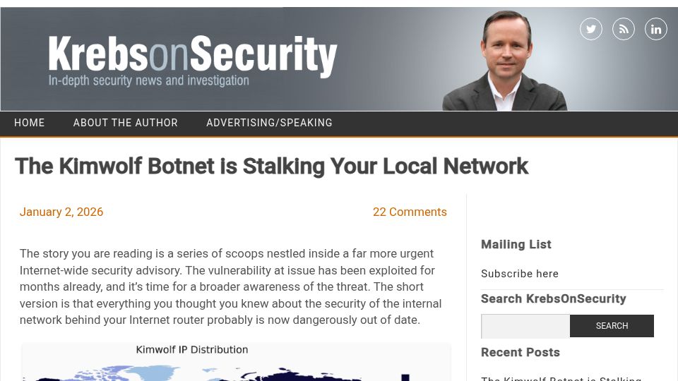 Screenshot of krebsonsecurity.com: The Kimwolf botnet is stalking your local network