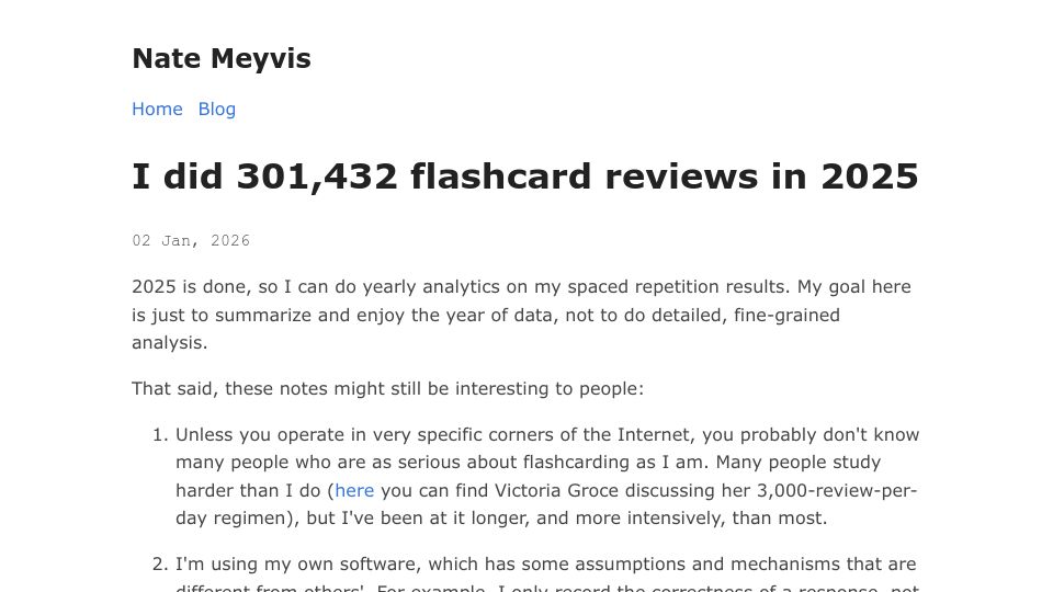Screenshot of natemeyvis.com: Yearly analytics on my spaced repetition results