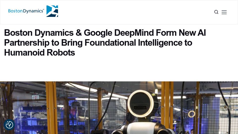 Screenshot of bostondynamics.com: Boston Dynamics and DeepMind form new AI partnership