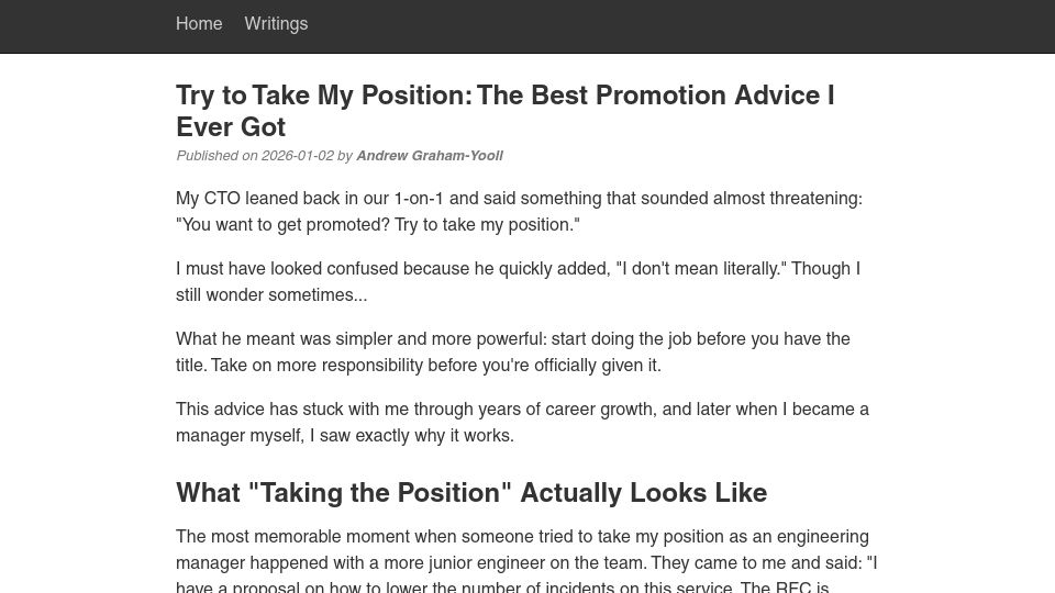 Screenshot of andrew.grahamyooll.com: Try to take my position: The best promotion advice I ever got