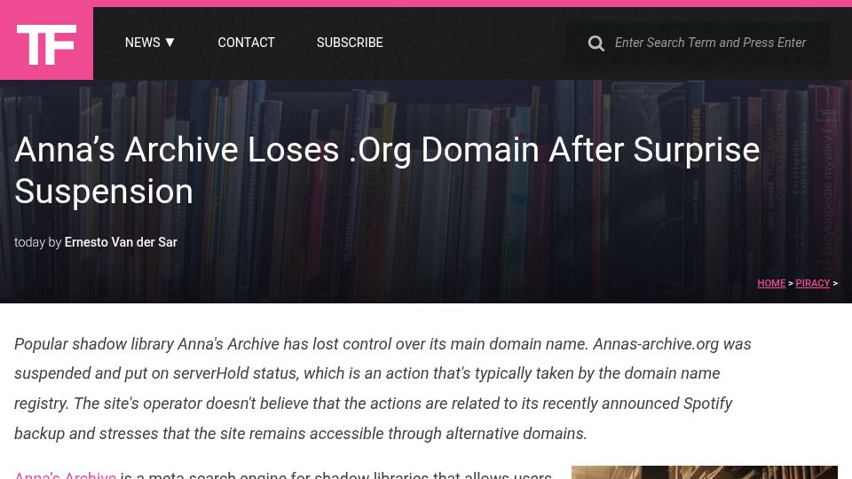Screenshot of torrentfreak.com: Anna's Archive loses .org domain after surprise suspension