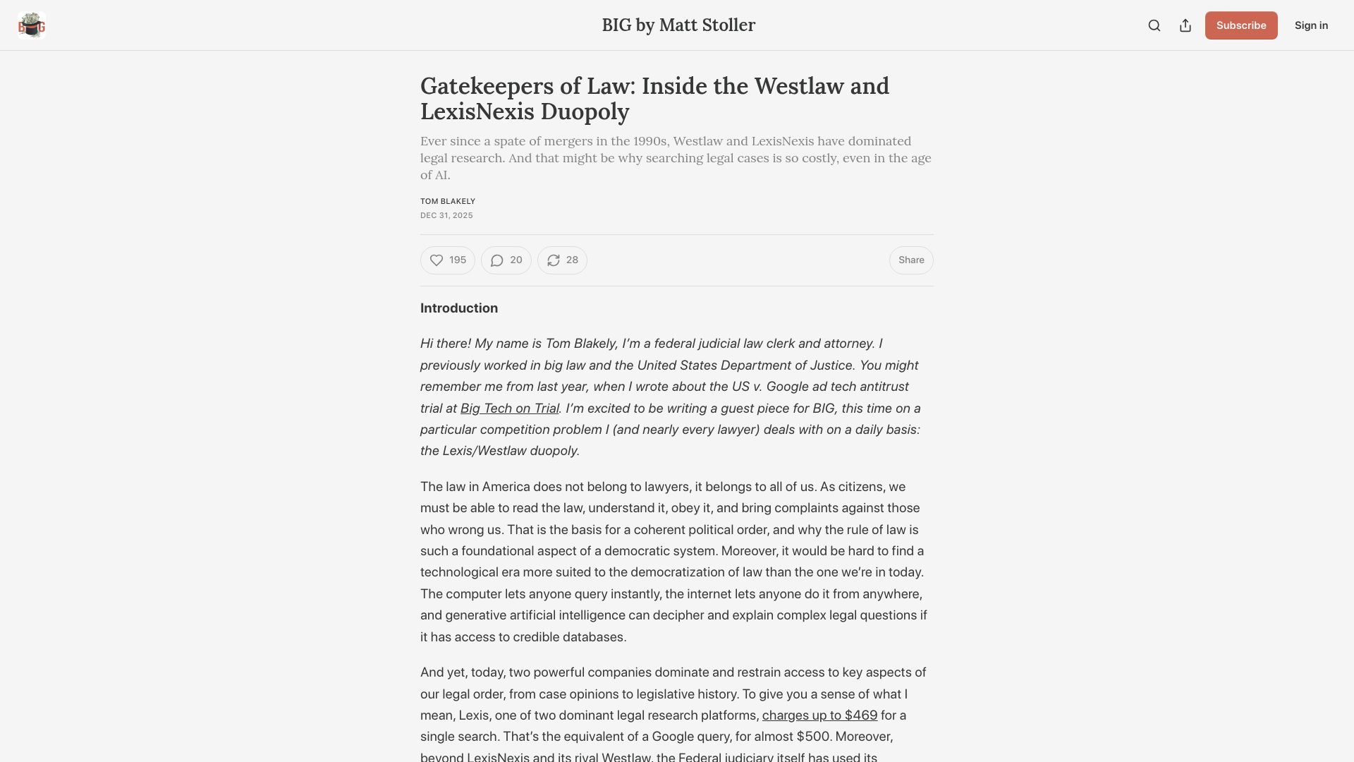 Screenshot of thebignewsletter.com: Gatekeepers of Law: Inside the Westlaw and LexisNexis Duopoly