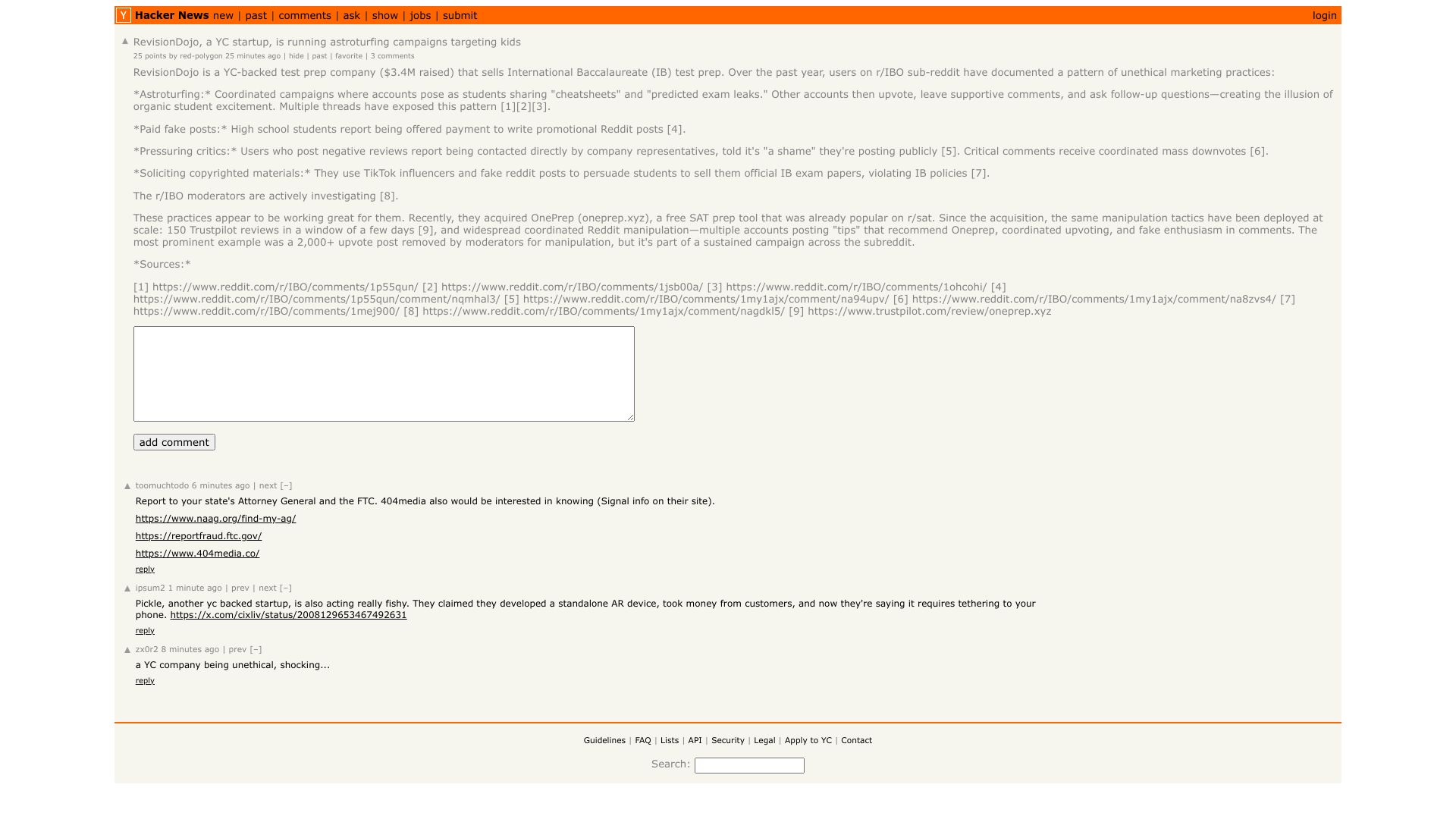Screenshot of this Hacker News post: RevisionDojo, a YC startup, is running astroturfing campaigns targeting kids