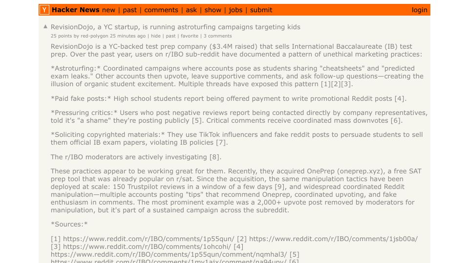 Screenshot of Hacker News post: RevisionDojo, a YC startup, is running astroturfing campaigns targeting kids