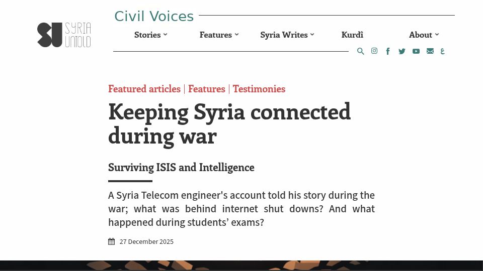 Screenshot of syriauntold.com: Keeping Syria connected during war: Surviving ISIS and Intelligence