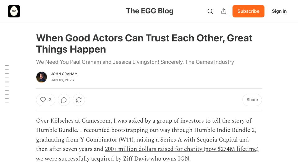 Screenshot of elbowgreasegames.substack.com: How Y Combinator made it smart to trust founders