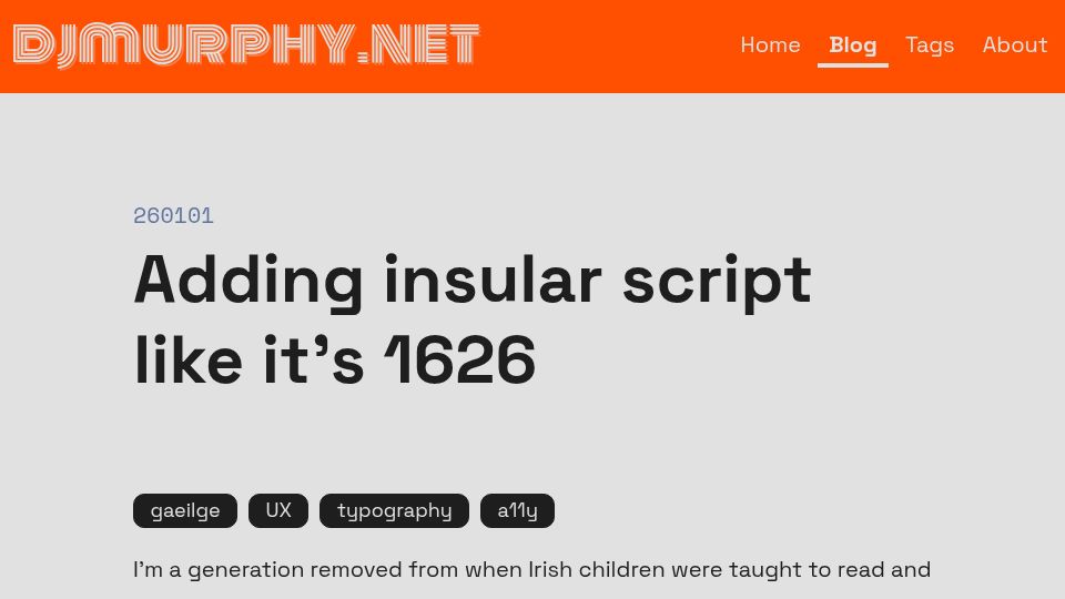 Screenshot of djmurphy.net: Adding insular script like it's 1626