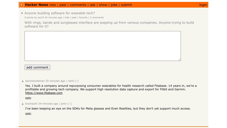 Screenshot of Hacker News post: Anyone building software for wearable tech?