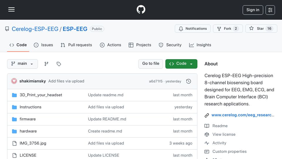Screenshot of github.com: Show HN: Open-Source 8-Ch BCI Board (ESP32 and ADS1299 and OpenBCI GUI)