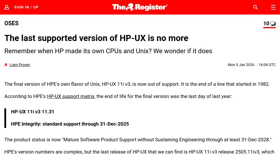 Screenshot of theregister.com: The last supported version of HP-UX is no more