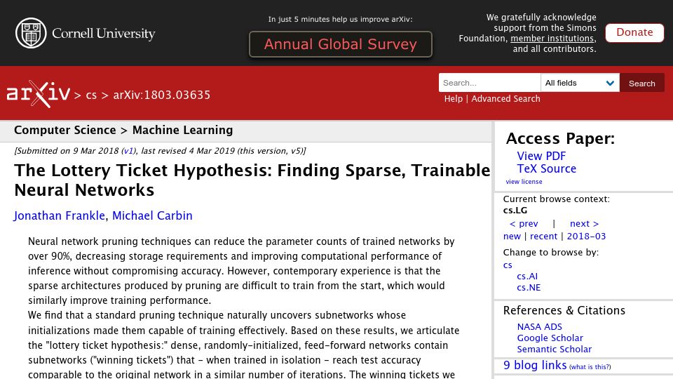 Screenshot of arxiv.org: The Lottery Ticket Hypothesis: Finding Sparse, Trainable Neural Networks (2018)