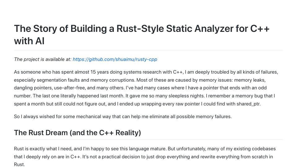 Screenshot of mpaxos.com: Building a Rust-style static analyzer for C++ with AI