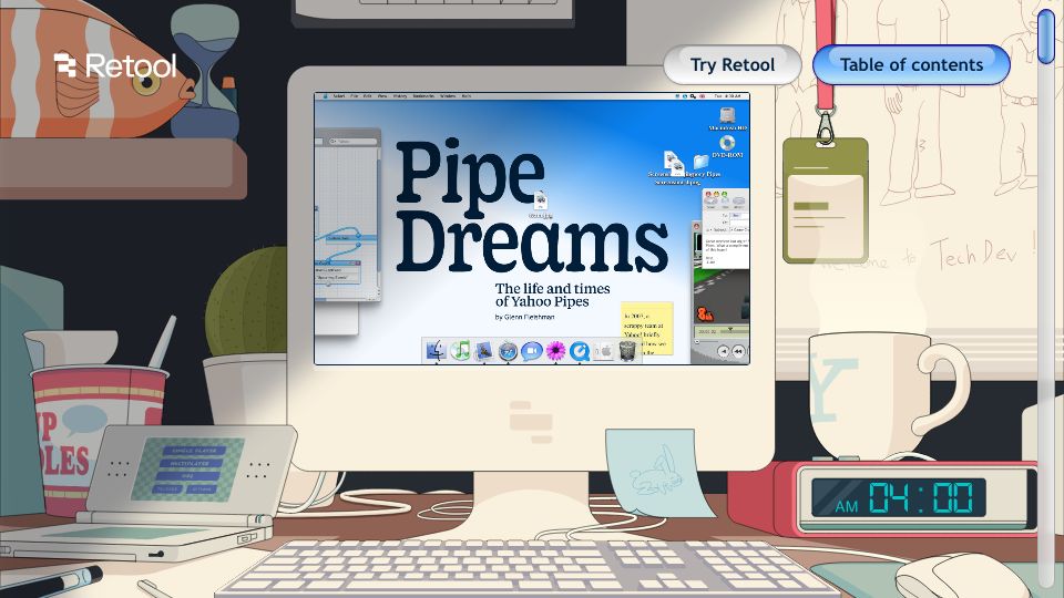 Screenshot of retool.com: Pipe Dreams – The life and times of Yahoo Pipes (2023)