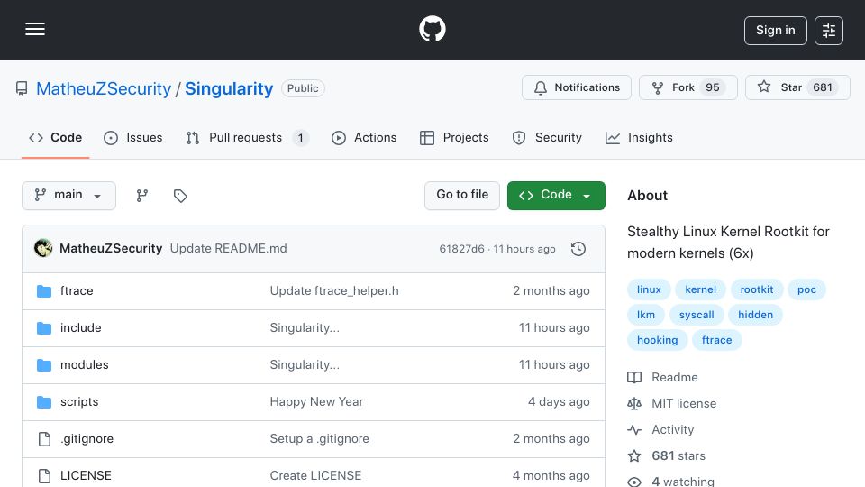 Screenshot of github.com: Singularity Rootkit: SELinux bypass and netlink filter (ss/conntrack hidden)