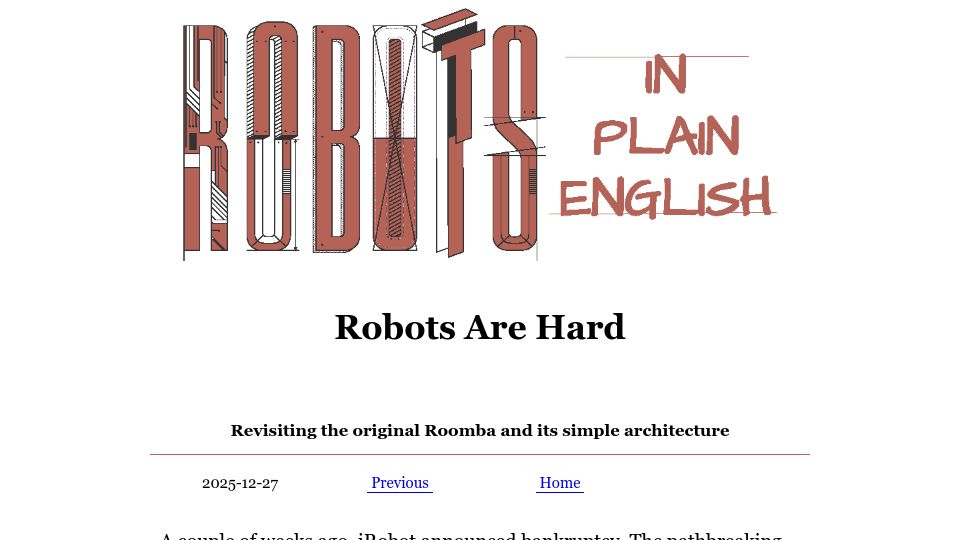 Screenshot of robotsinplainenglish.com: Revisiting the original Roomba and its simple architecture