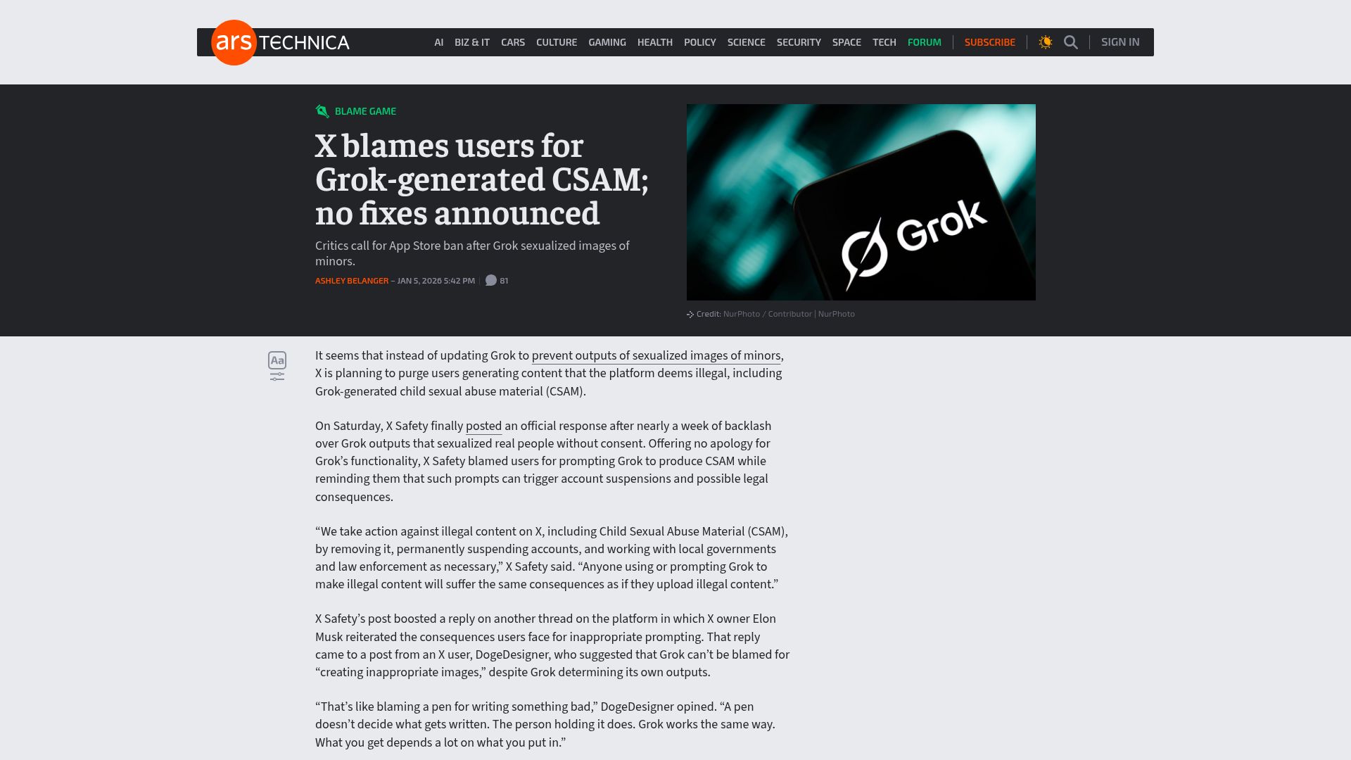Screenshot of arstechnica.com: X blames users for Grok-generated CSAM; no fixes announced