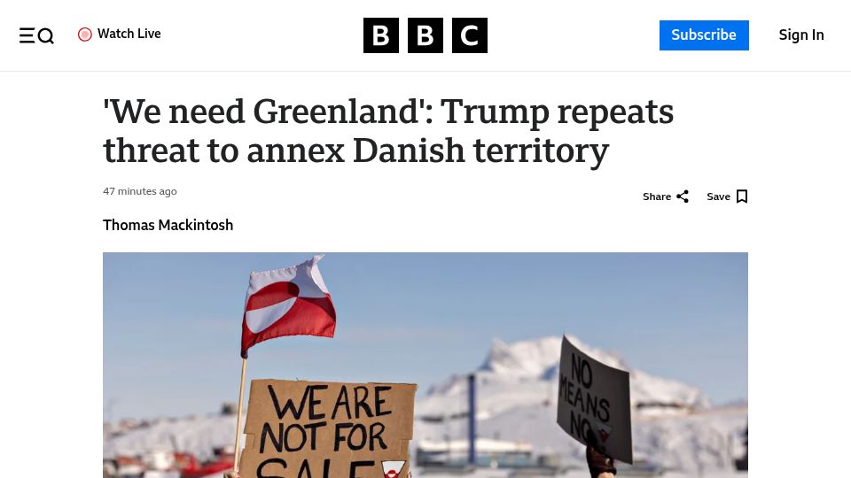 Screenshot of bbc.com: Danish PM tells Trump to stop 'threats' against Greenland
