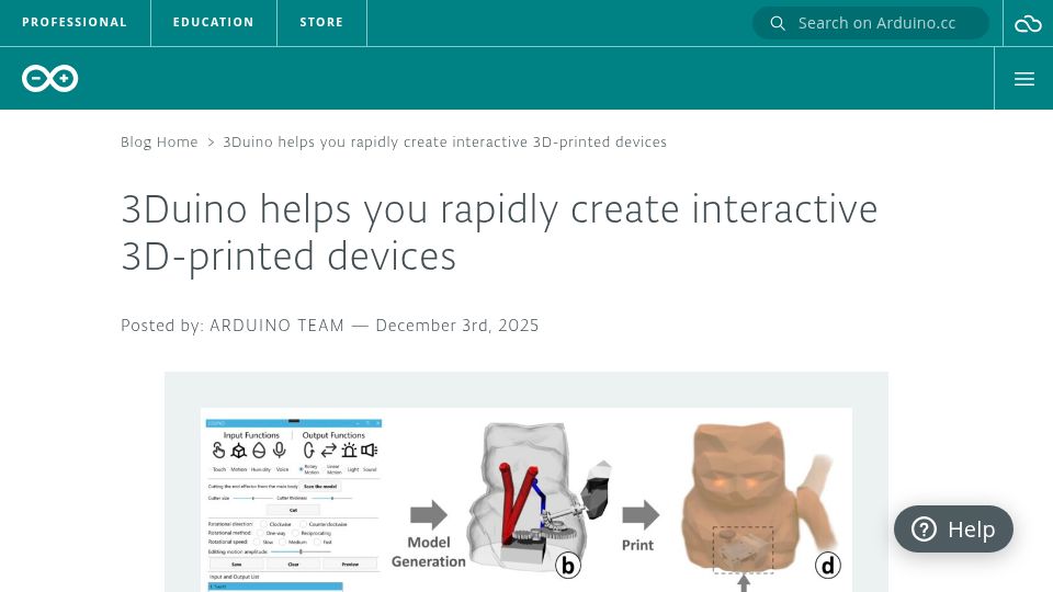 Screenshot of blog.arduino.cc: 3Duino helps you rapidly create interactive 3D-printed devices