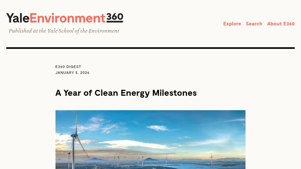 Screenshot of e360.yale.edu: A year of clean energy milestones