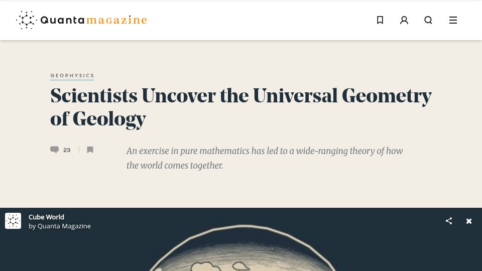 Screenshot of quantamagazine.org: Scientists Uncover the Universal Geometry of Geology (2020)