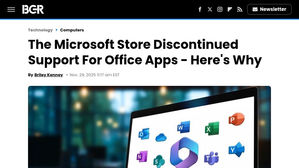 Screenshot of bgr.com: Why Microsoft Store Discontinued Support for Office Apps