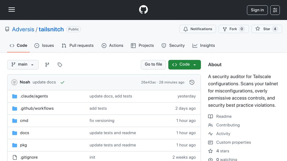 Screenshot of github.com: Show HN: Tailsnitch – A security auditor for Tailscale