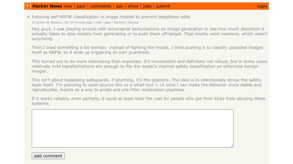 Screenshot of Hacker News post: Inducing self-NSFW classification in image models to prevent deepfakes edits