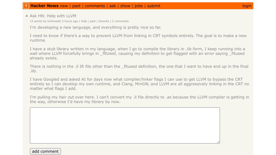 Screenshot of Hacker News post: Ask HN: Help with LLVM