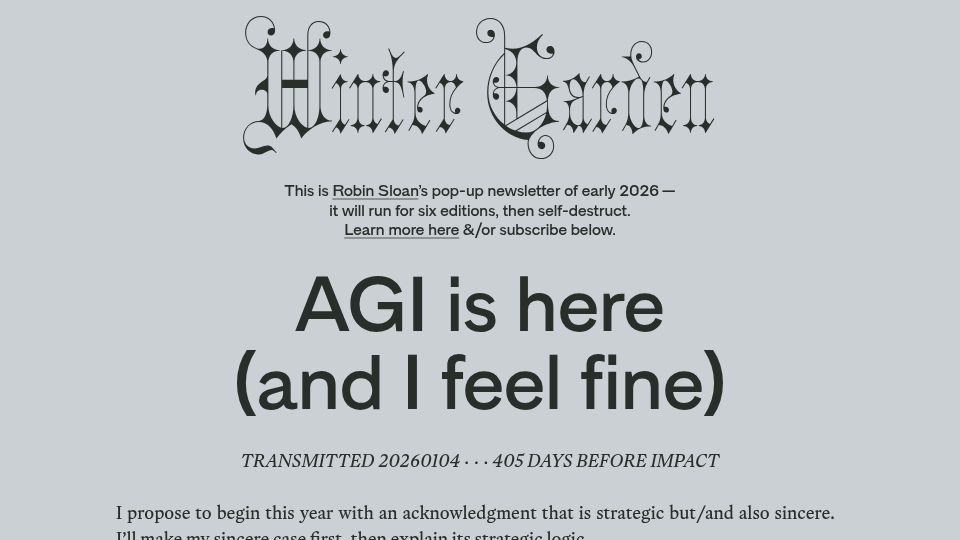 Screenshot of robinsloan.com: AGI Is Here