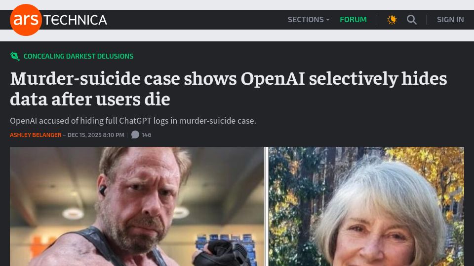 Screenshot of arstechnica.com: Murder-suicide case shows OpenAI selectively hides data after users die