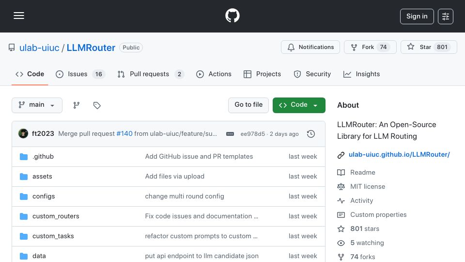 Screenshot of github.com: LLMRouter: An Open-Source Library for LLM Routing