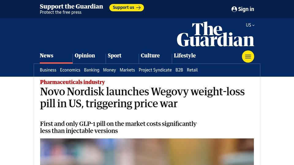 Screenshot of theguardian.com: Novo Nordisk launches Wegovy weight-loss pill in US, triggering price war
