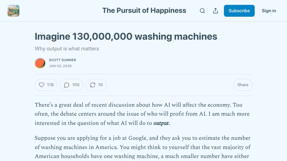 Screenshot of scottsumner.substack.com: Imagine 130M Washing Machines