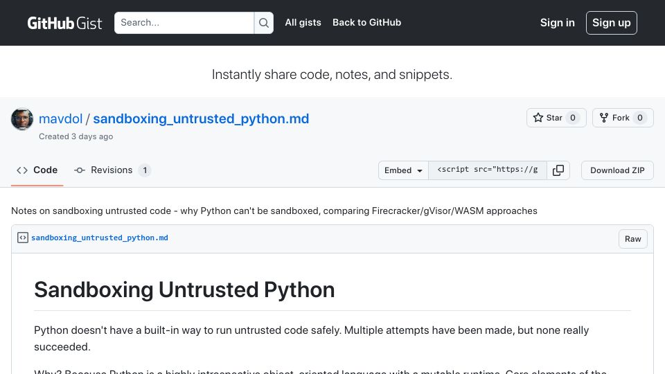 Screenshot of gist.github.com: Sandboxing Untrusted Python