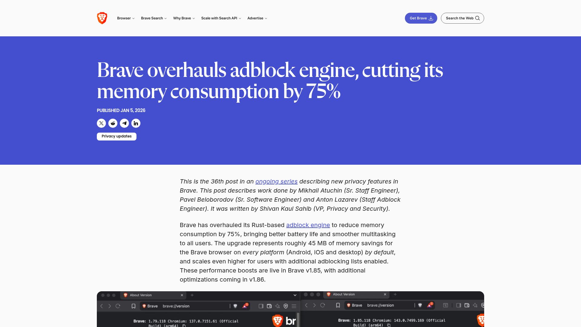 Screenshot of brave.com: Brave overhauled its Rust adblock engine with FlatBuffers, cutting memory 75%
