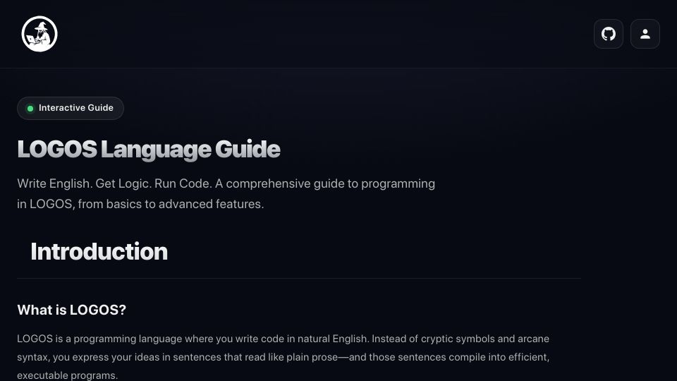 Screenshot of logicaffeine.com: Logos Language Guide: Compile English to Rust