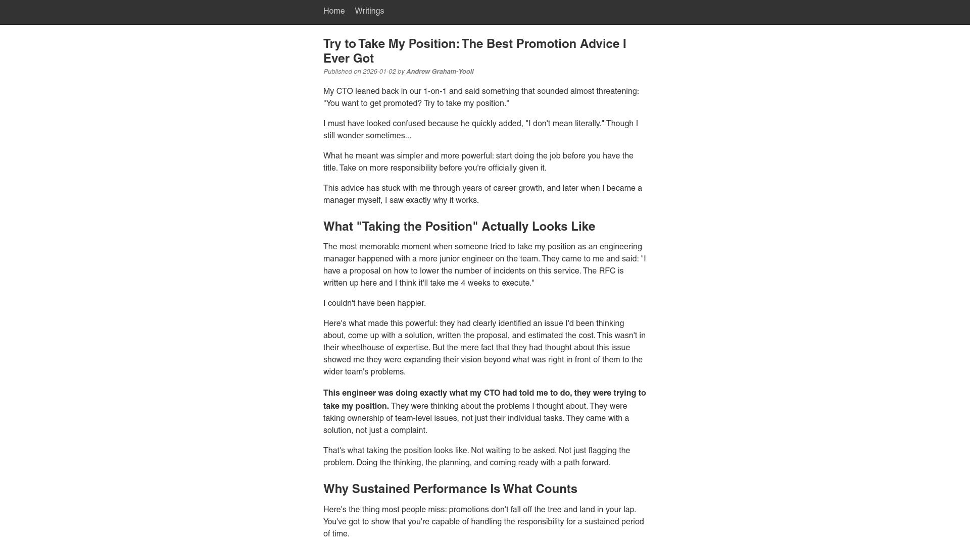 Screenshot of andrew.grahamyooll.com: Try to take my position: The best promotion advice I ever got
