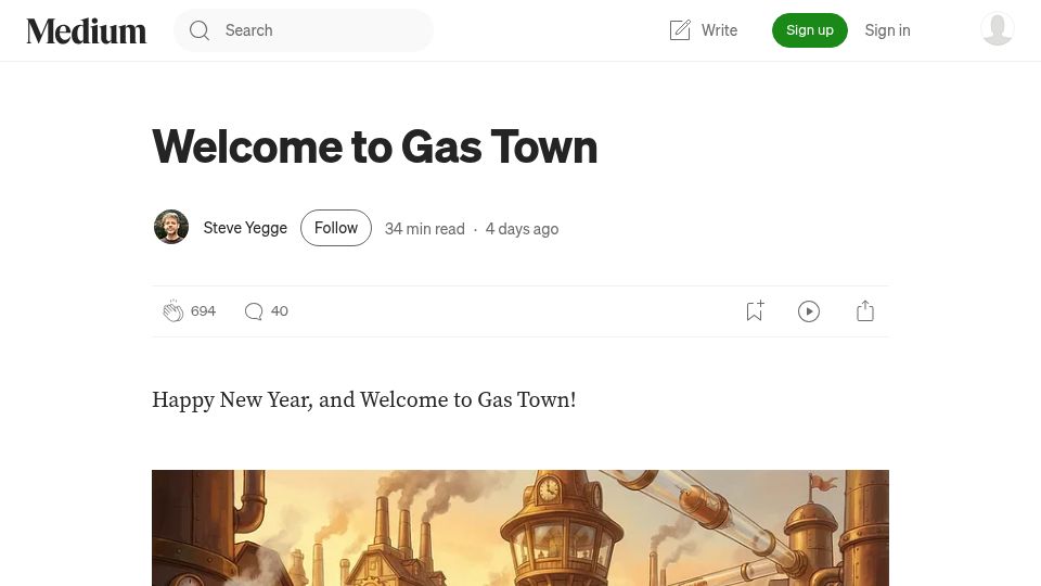 Screenshot of steve-yegge.medium.com: Welcome to Gas Town