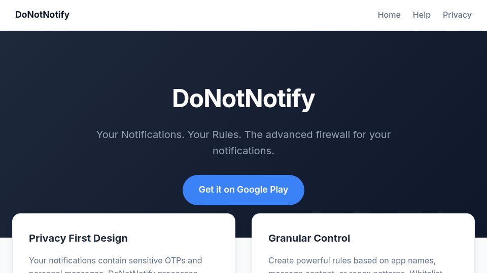 Screenshot of donotnotify.com: Show HN: DoNotNotify – Log and intelligently block notifications on Android