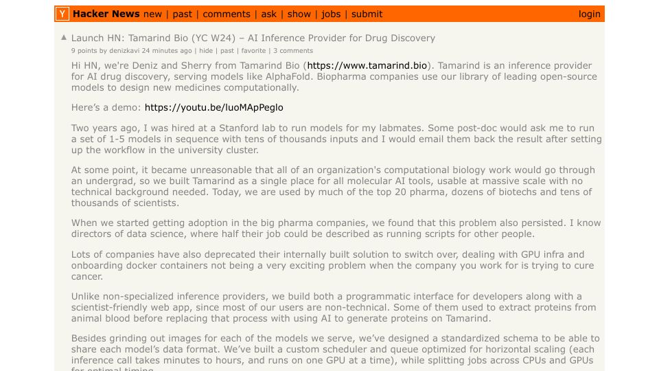 Screenshot of Hacker News post: Launch HN: Tamarind Bio (YC W24) – AI Inference Provider for Drug Discovery