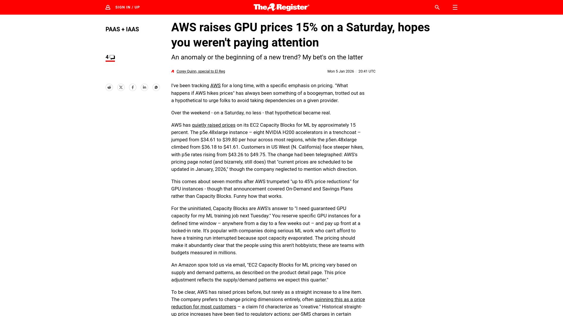 Screenshot of theregister.com: AWS raises GPU prices 15% on a Saturday, hopes you weren't paying attention