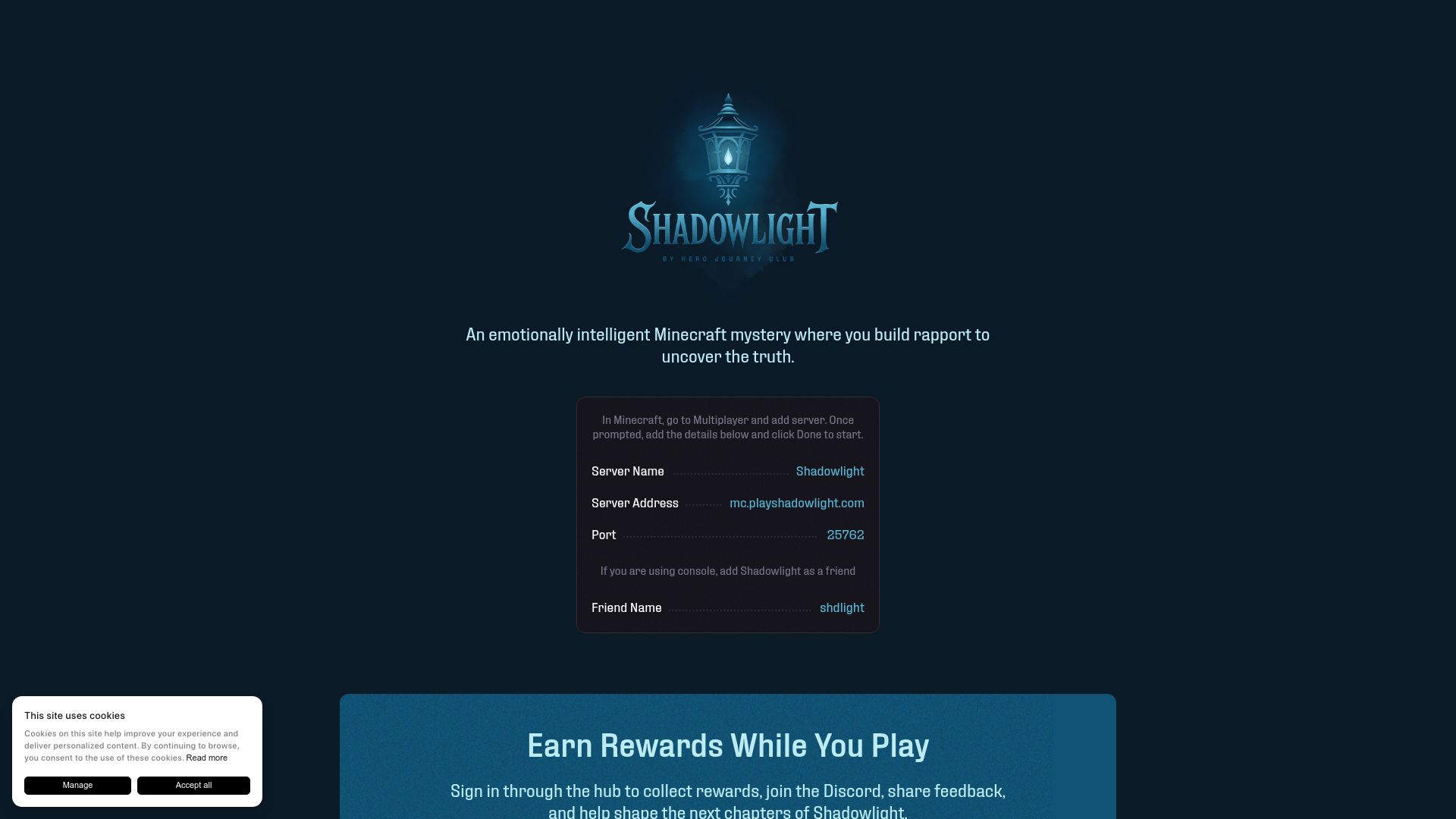 Screenshot of playshadowlight.com: Show HN: Shadowlight, a voice-driven murder mystery and heist inside Minecraft
