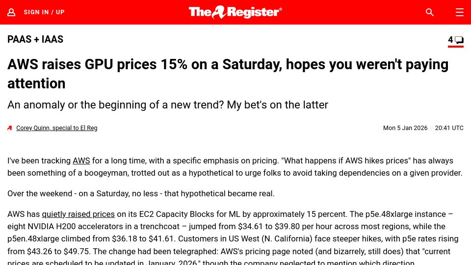 Screenshot of theregister.com: AWS raises GPU prices 15% on a Saturday, hopes you weren't paying attention