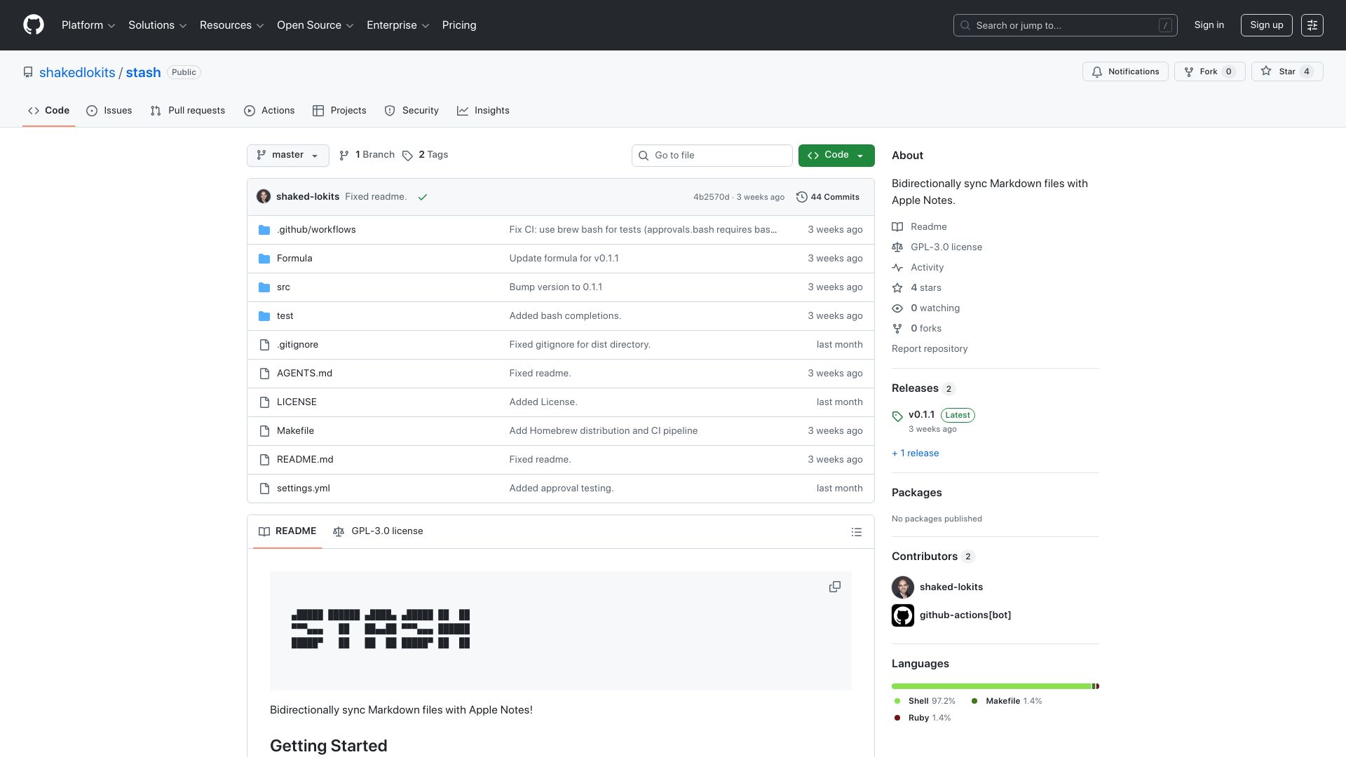 Screenshot of github.com: Show HN: Stash – Sync Markdown Files with Apple Notes via CLI