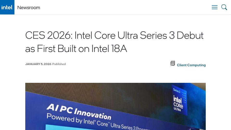 Screenshot of newsroom.intel.com: Intel Core Ultra Series 3 Debut as First Built on Intel 18A