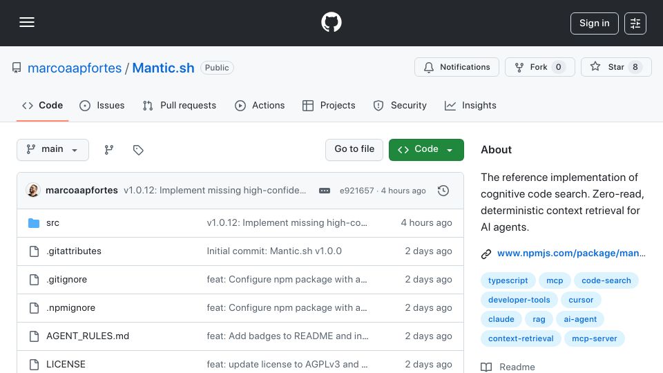 Screenshot of github.com: Show HN: Mantic.sh – A structural code search engine for AI agents