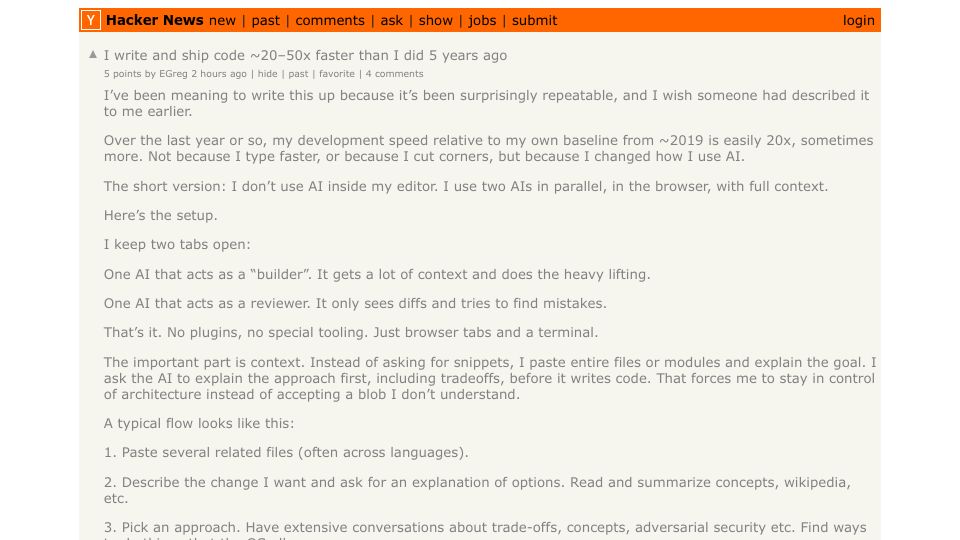 Screenshot of Hacker News post: Tell HN: I write and ship code ~20–50x faster than I did 5 years ago