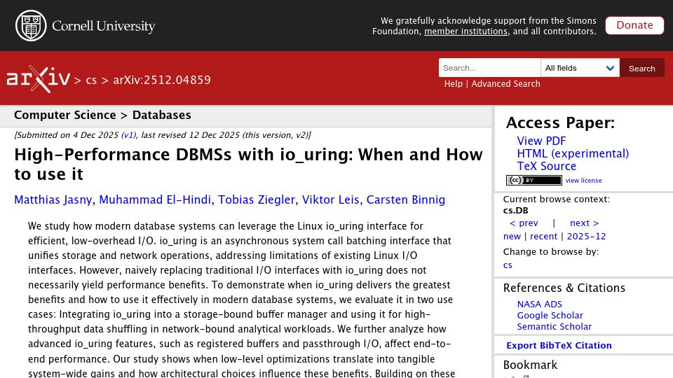 Screenshot of arxiv.org: High-Performance DBMSs with io_uring: When and How to use it