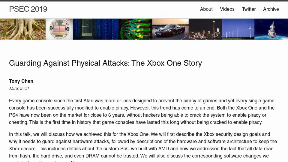 Screenshot of platformsecuritysummit.com: Guarding Against Physical Attacks: The Xbox One Story (2019)