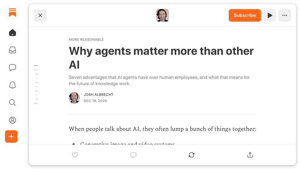 Screenshot of substack.com: Why agents matter more than other AI